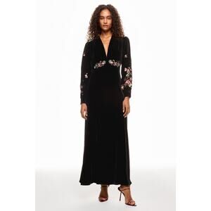 RIXO Black Floral Embroidered Velvet V-Neck Long Sleeve Gown Dress size US 2